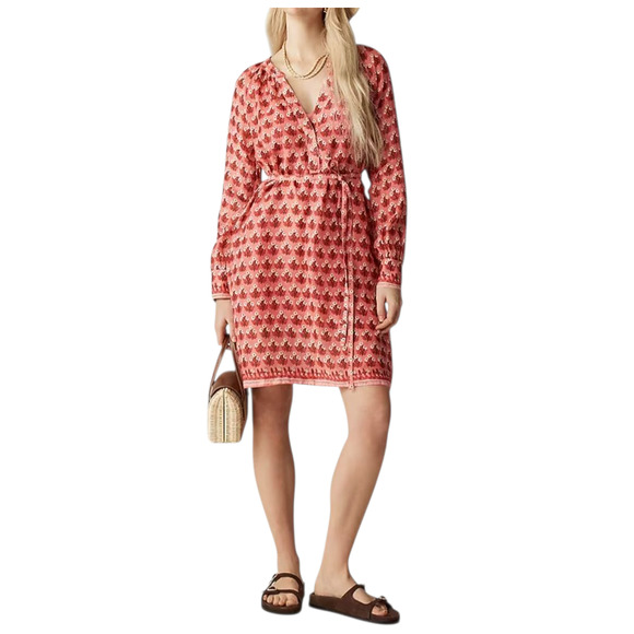 J. Crew Cabana Mini Dress Block Print Ramie Coral Pink Floral Long Sleeve Medium - Picture 1 of 10